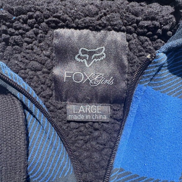 Y2K Vintage Fox Racing Blue & Black Plaid Sherpa-Lined Zip Up Hoodie - Picture 4 of 6